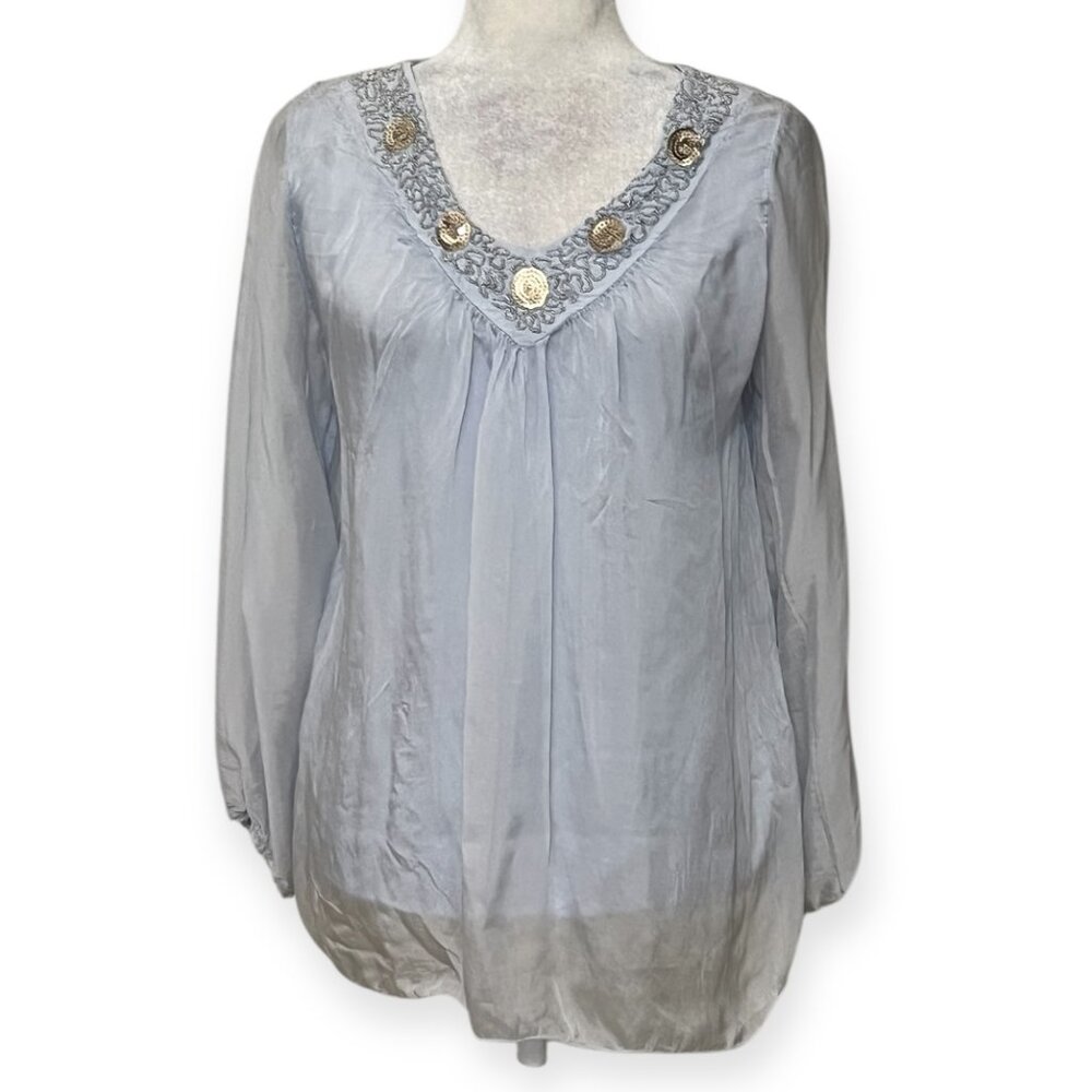 Italian Silk Blend Embellished Blouse Size M Light Blue Sequin Boho Tunic Top
